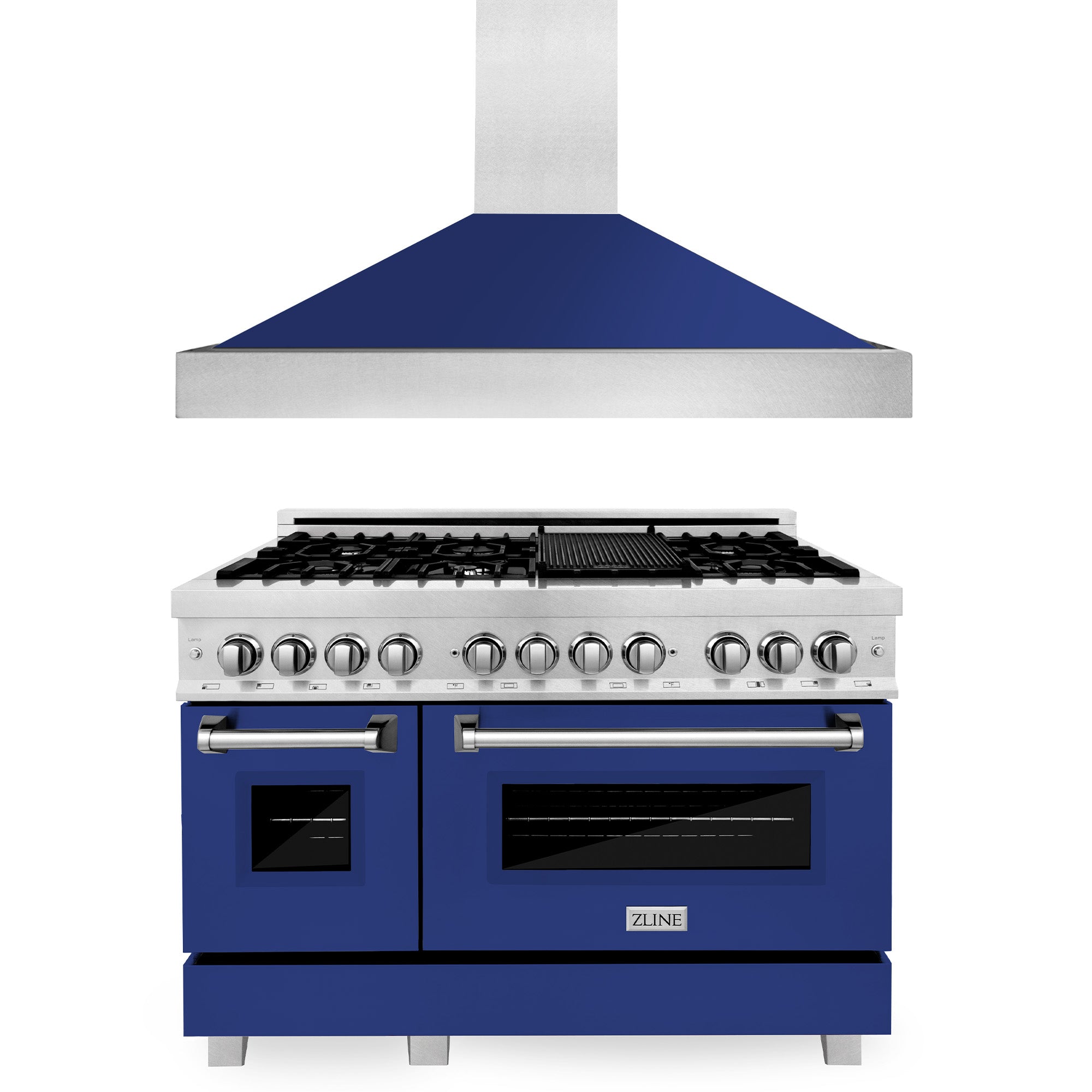 ZLINE 48" Kitchen Package with DuraSnow‚Äö√†√∂‚Äö√†√ª Stainless Steel Dual Fuel Range with Blue Gloss Door and Convertible Vent Range Hood (2KP-RASBGRH48)