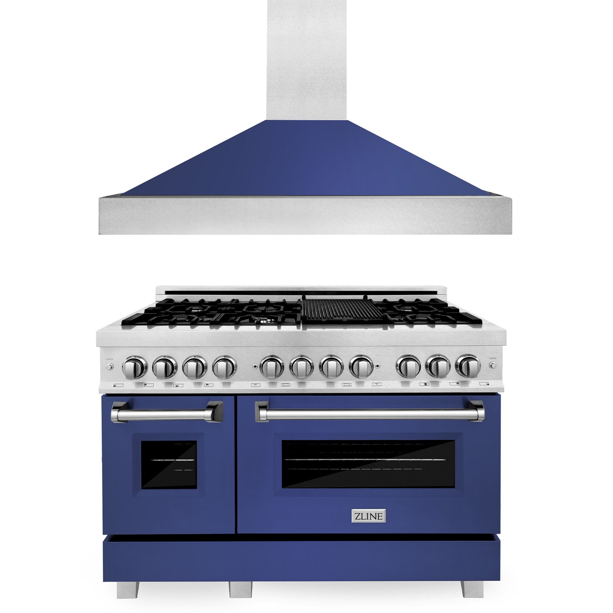 ZLINE 48" Kitchen Package with DuraSnow‚Äö√†√∂‚Äö√†√ª Stainless Steel Dual Fuel Range with Blue Matte Door and Convertible Vent Range Hood (2KP-RASBMRH48)