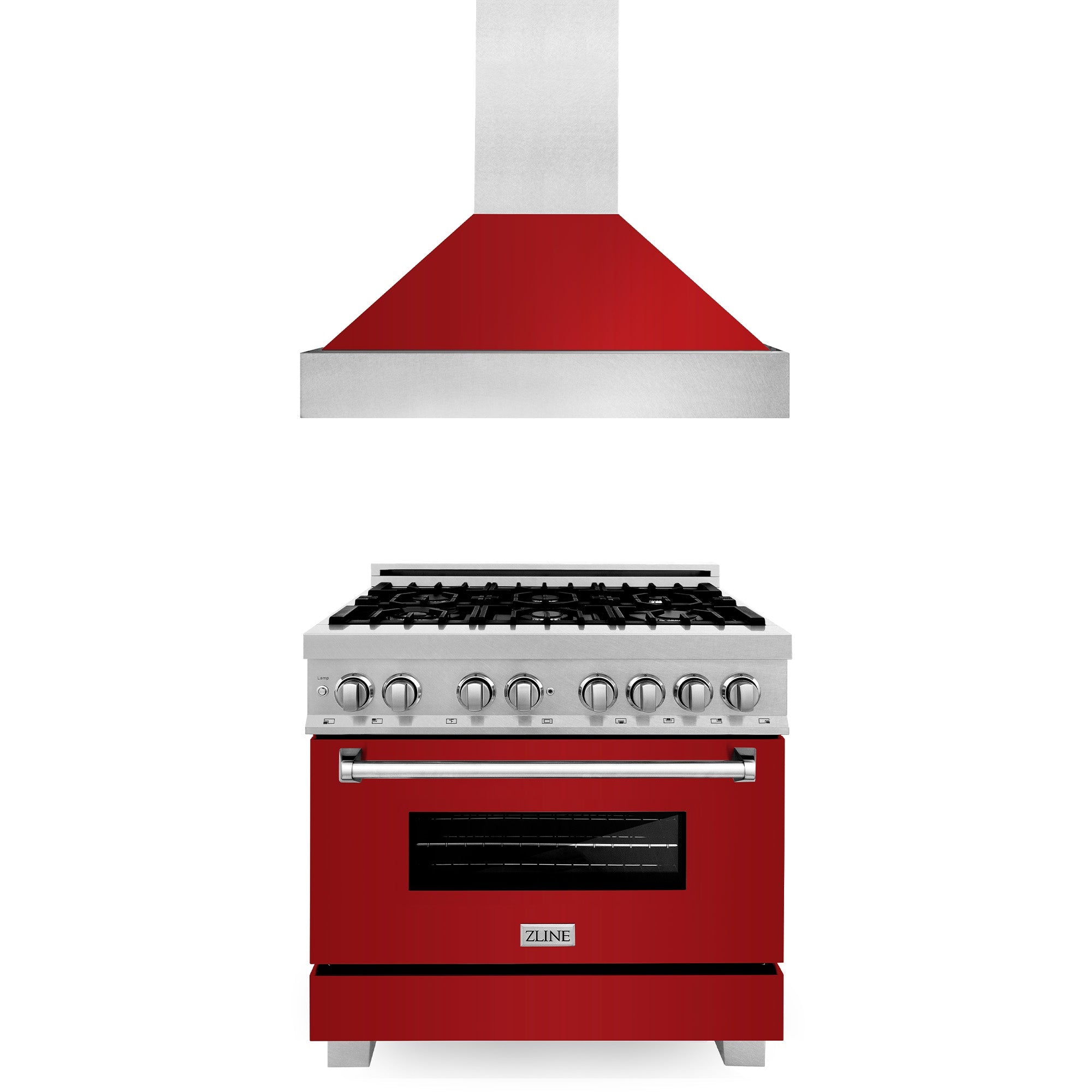 ZLINE 36" Kitchen Package with DuraSnow‚Äö√†√∂‚Äö√†√ª Stainless Steel Dual Fuel Range with Red Gloss Door and Convertible Vent Range Hood (2KP-RASRGRH36)