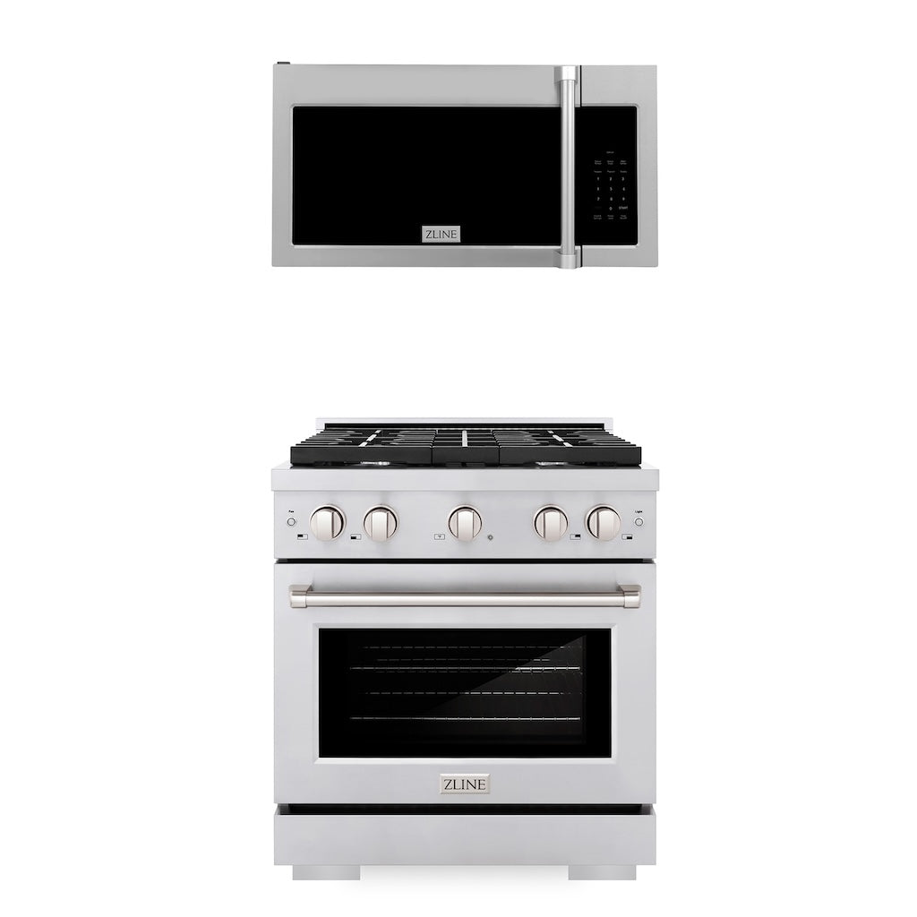 ZLINE 30" Kitchen Package Stainless Steel Gas Range and Over The Range Microwave with Traditional Handle (2KP-SGROTRH30)