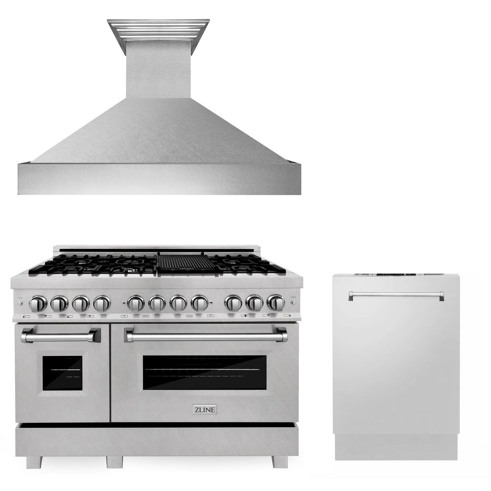 ZLINE 48" Kitchen Package with DuraSnow Stainless Dual Fuel Range, Ducted Vent Range Hood and Dishwasher (3KP-RASRH48-DW)