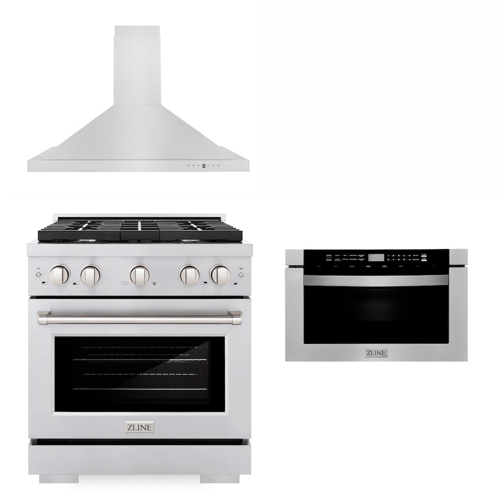ZLINE 30" Kitchen Package with Stainless Steel Gas Range, Convertible Vent Range Hood and Microwave Drawer (3KP-SGRRH30-MW)