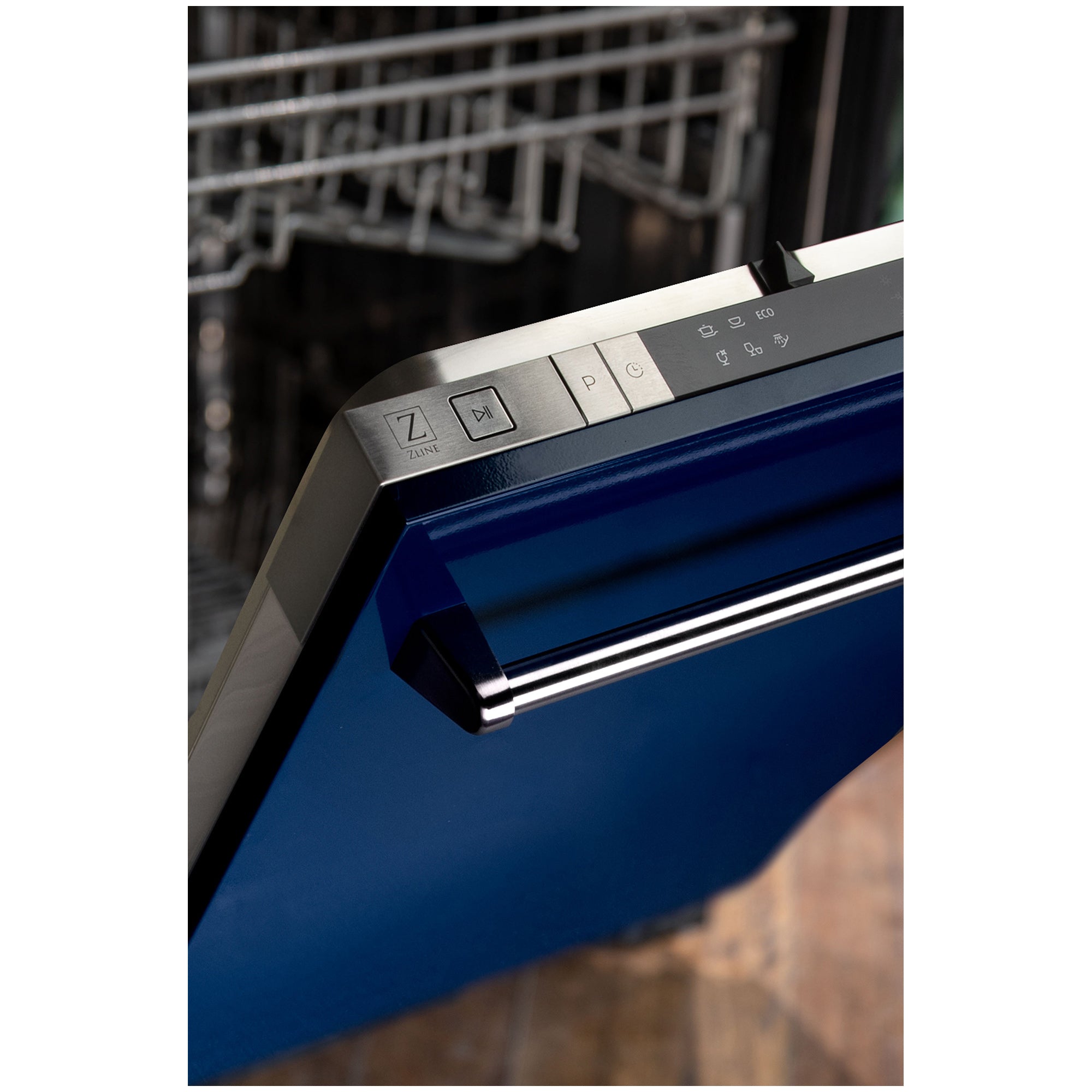 ZLINE 18 in. Compact Blue Gloss Top Control Built-In Dishwasher with Stainless Steel Tub and Traditional Style Handle, 52dBa