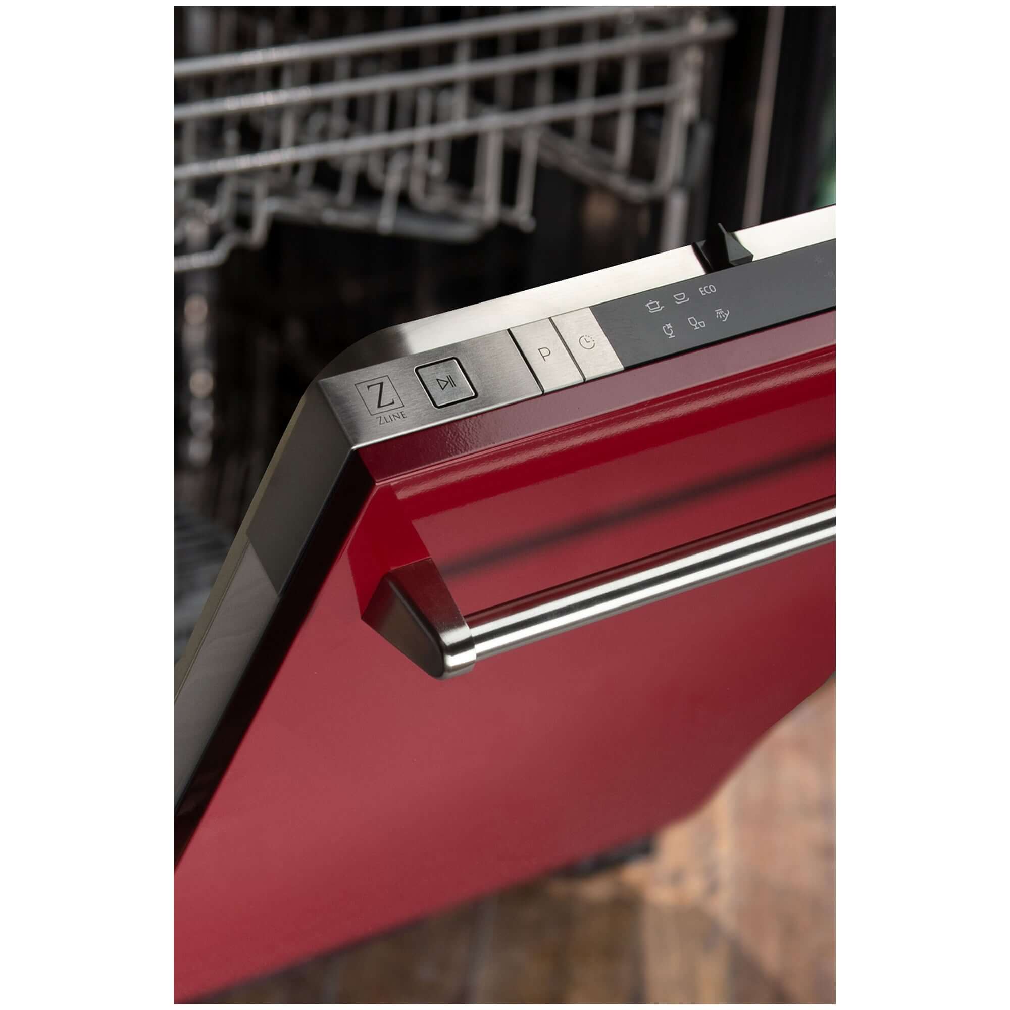 ZLINE 18 in. Compact Red Gloss Top Control Built-In Dishwasher with Stainless Steel Tub and Traditional Style Handle, 52dBa