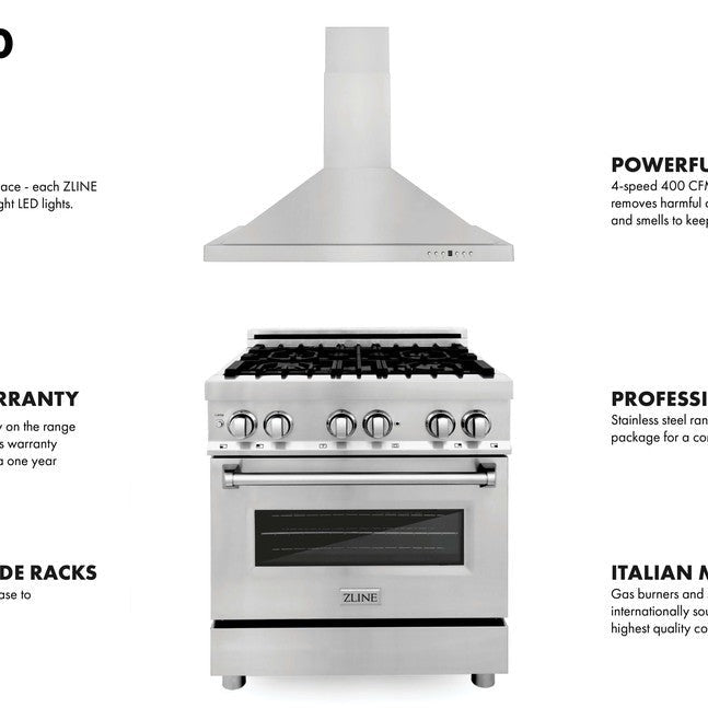 ZLINE 30" Kitchen Package with Stainless Steel Dual Fuel Range and Convertible Vent Range Hood (2KP-RARH30)