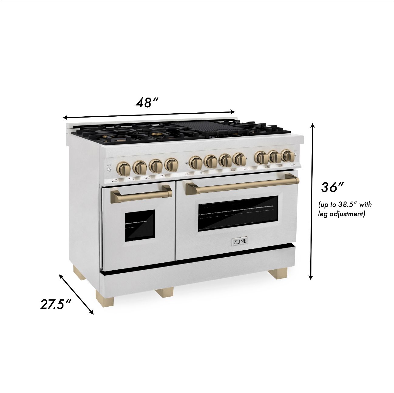 ZLINE Autograph Edition 48" 6.0 cu. ft. Dual Fuel Range with Gas Stove and Electric Oven in DuraSnow Stainless Steel with Champagne Bronze Accents (RASZ-SN-48-CB)