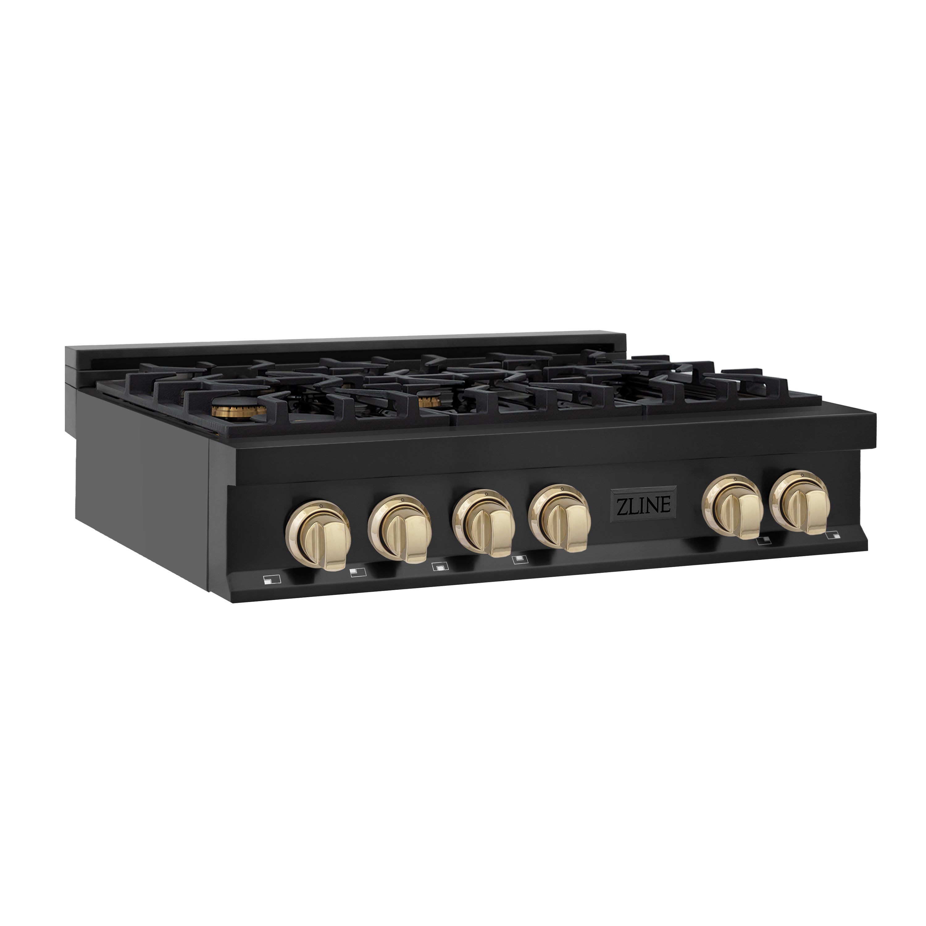 ZLINE Autograph Edition 36" Porcelain Rangetop with 6 Gas Burners in Black Stainless Steel and Polished Gold Accents (RTBZ-36-G)