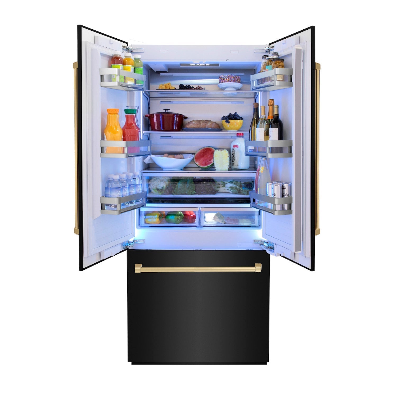 ZLINE 36" Autograph Edition 19.6 cu. ft. Built-in 3-DoorFrench Door Refrigerator with Internal Water and Ice Dispenser in Black Stainless Steel with Gold Accents (RBIVZ-BS-36-G)