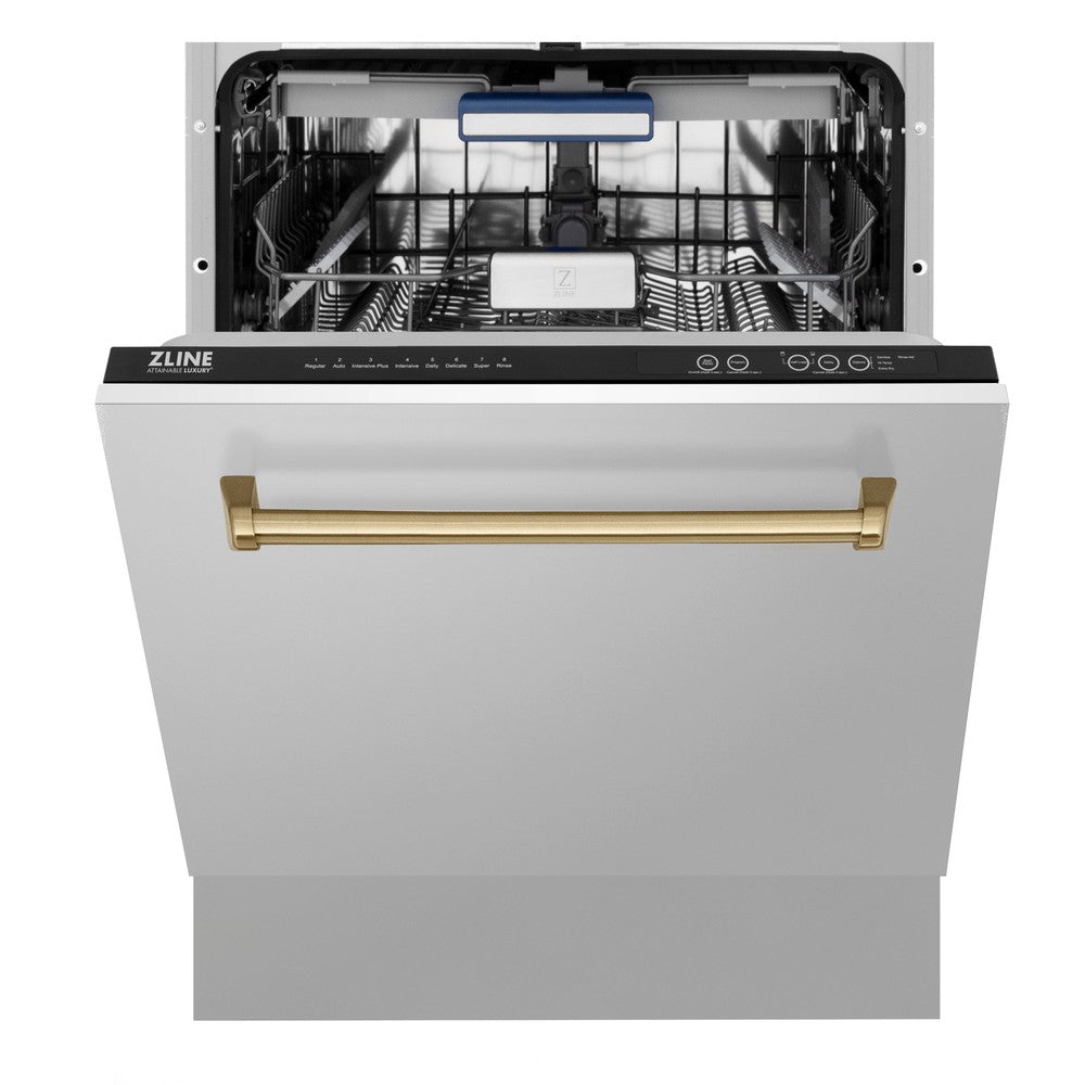 ZLINE Autograph Edition 24" Tallac Series 3rd Rack Top Control Built-In Tall Tub Dishwasher in Stainless Steel with Champagne Bronze Handle, 51dBa (DWVZ-304-24-CB)