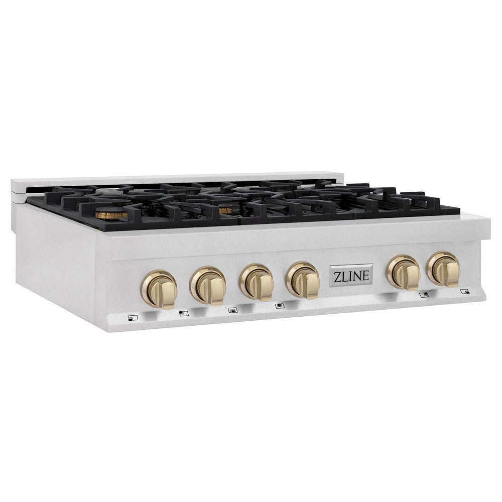 ZLINE Autograph Edition 36" Porcelain Rangetop with 6 Gas Burners in Fingerprint Resistant Stainless Steel and Polished Gold Accents (RTSZ-36-G)