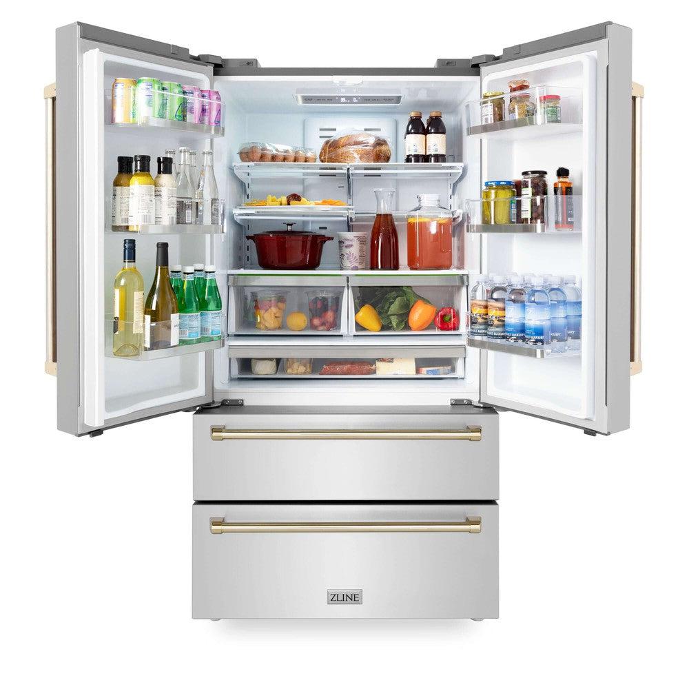 ZLINE 36" Autograph Edition 22.5 cu. ft 4-Door French Door Refrigerator with Ice Maker in Fingerprint Resistant Stainless Steel with Polished Gold Accents (RFMZ-36-G)