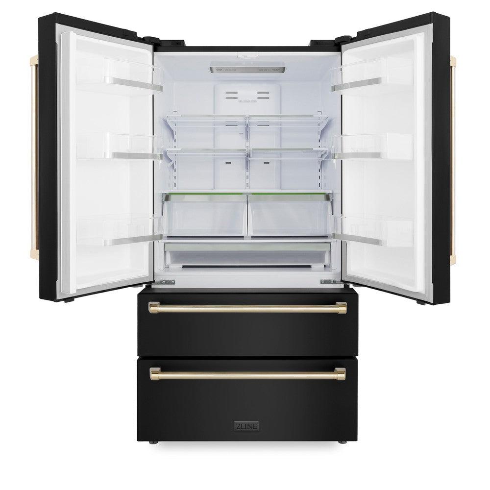 ZLINE 36" Autograph Edition 22.5 cu. ft 4-Door French Door Refrigerator with Ice Maker in Fingerprint Resistant Black Stainless Steel with Polished Gold Accents (RFMZ-36-BS-G)