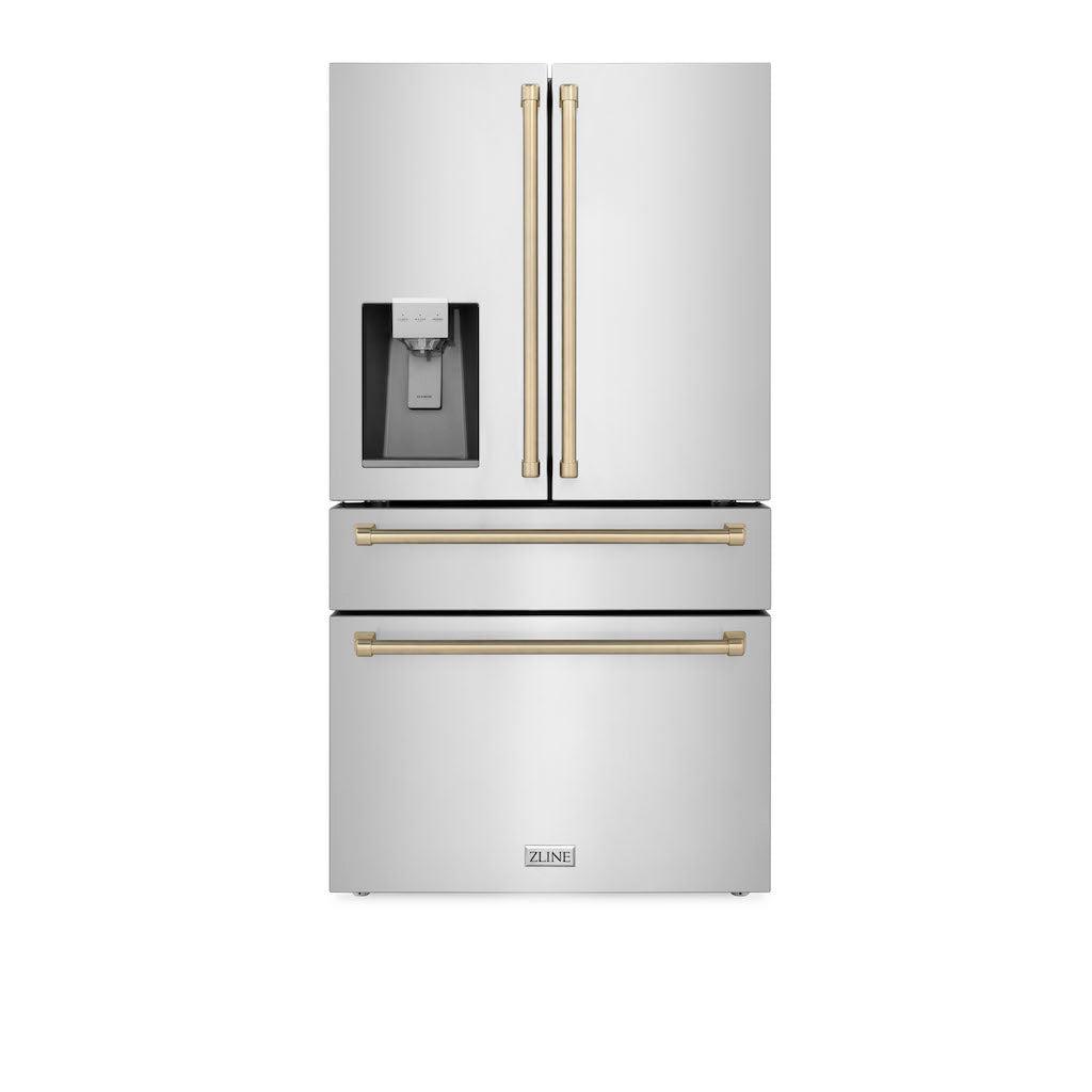 ZLINE 36" Autograph Edition 21.6 cu. ft 4-Door French Door Refrigerator with Water and Ice Dispenser in Fingerprint Resistant Stainless Steel with Champagne Bronze Accents (RFMZ-W-36-CB)