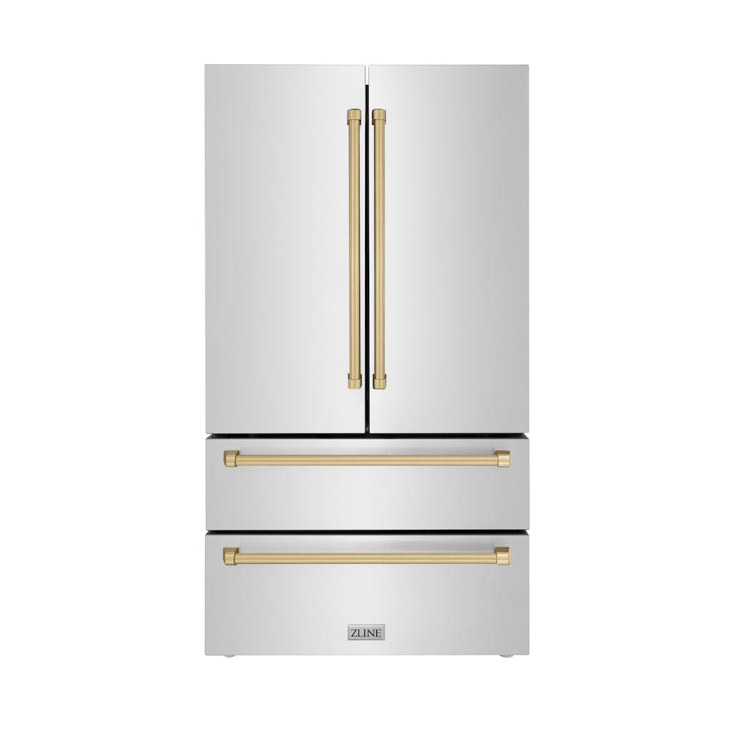 ZLINE 36" Autograph Edition 22.5 cu. ft 4-Door French Door Refrigerator with Ice Maker in Fingerprint Resistant Stainless Steel with Champagne Bronze Accents (RFMZ-36-CB)