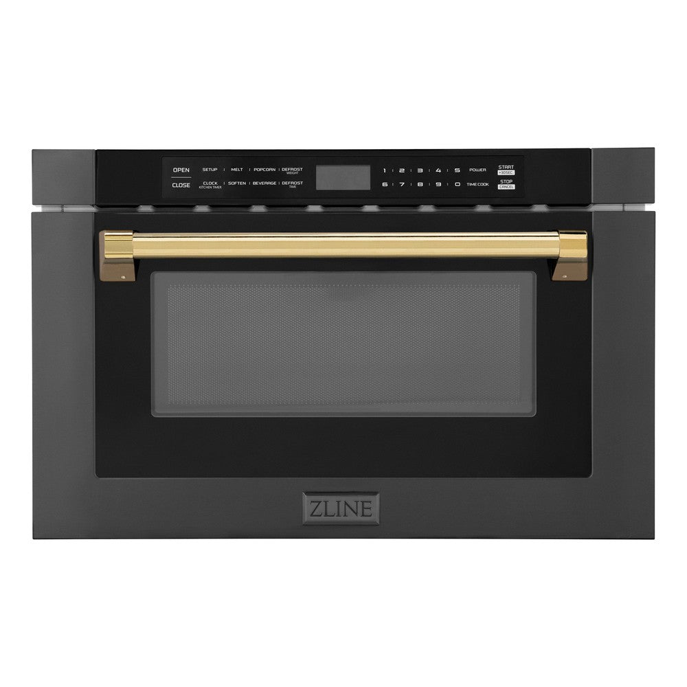 ZLINE Autograph Edition 24" 1.2 cu. ft. Built-in Microwave Drawer in Black Stainless Steel and Polished Gold Accents