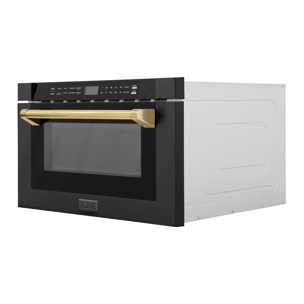 ZLINE Autograph Edition 24" 1.2 cu. ft. Built-in Microwave Drawer in Black Stainless Steel and Polished Gold Accents