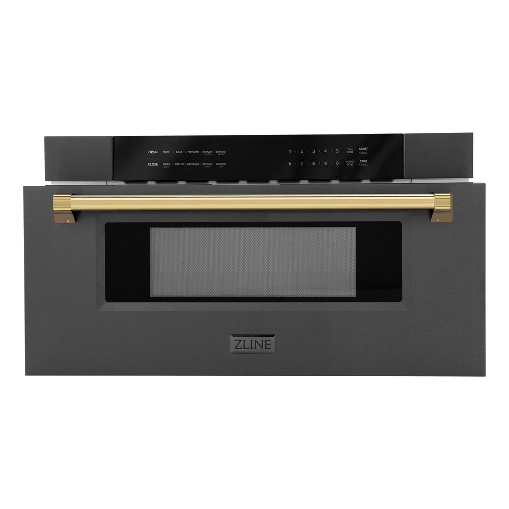 ZLINE Autograph Edition 30" 1.2 cu. ft. Built-in Microwave Drawer in Black Stainless Steel and Polished Gold Accents