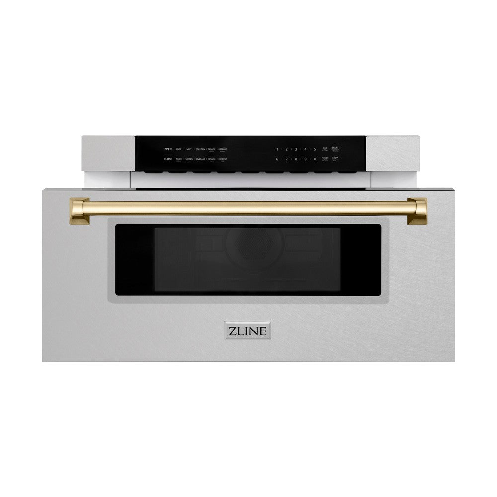 ZLINE Autograph Edition 30" 1.2 cu. ft. Built-In Microwave Drawer in Fingerprint Resistant Stainless Steel with Polished Gold Accents