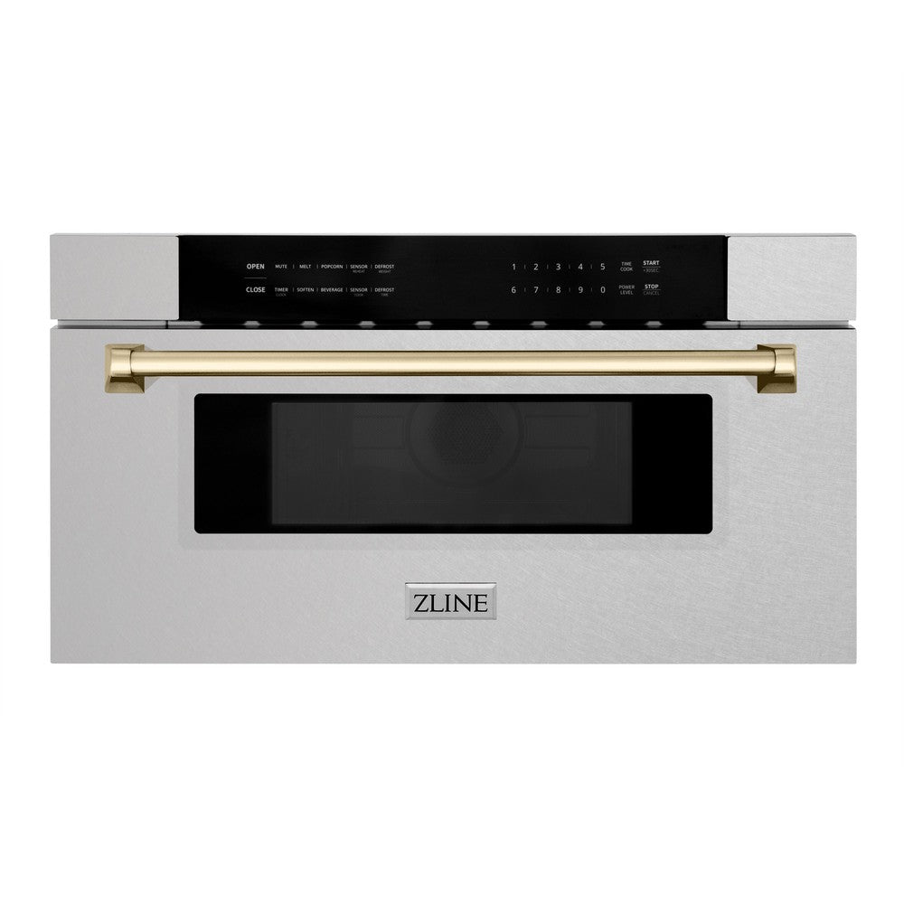 ZLINE Autograph Edition 30" 1.2 cu. ft. Built-In Microwave Drawer in Fingerprint Resistant Stainless Steel with Polished Gold Accents