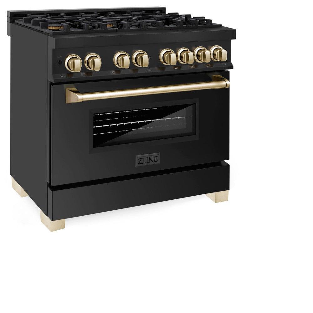 ZLINE Autograph Edition 36" 4.6 cu. ft. Dual Fuel Range with Gas Stove and Electric Oven in Black Stainless Steel with Polished Gold Accents (RABZ-36-G)