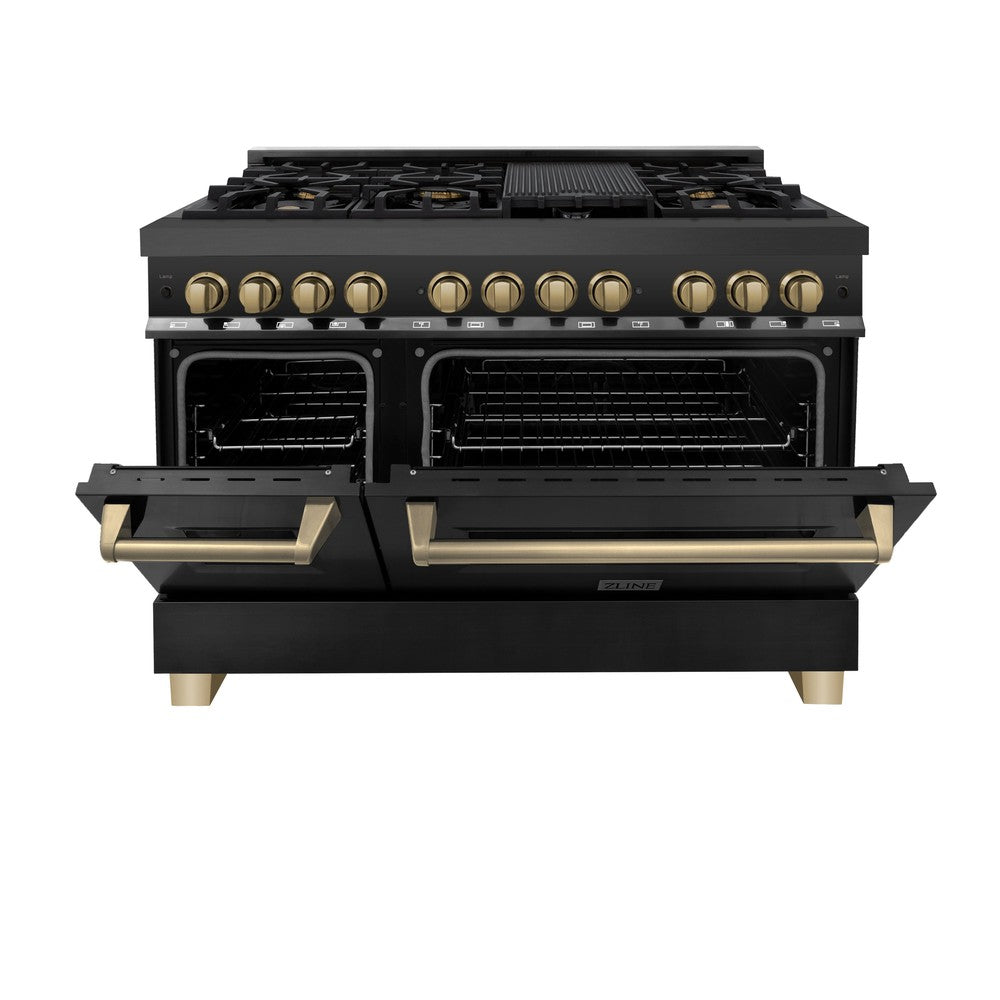 ZLINE Autograph Edition 48" 6.0 cu. ft. Dual Fuel Range with Gas Stove and Electric Oven in Black Stainless Steel with Champagne Bronze Accents (RABZ-48-CB)
