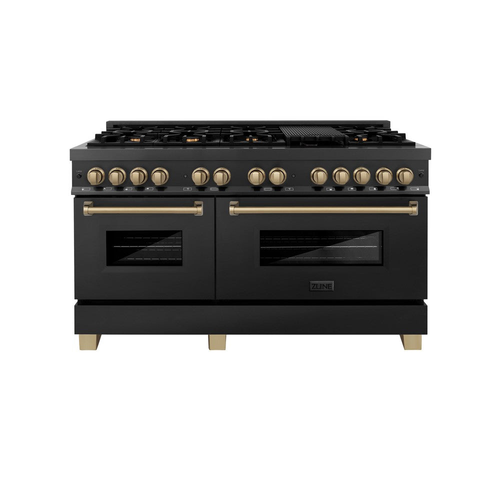 ZLINE Autograph Edition 60" 7.4 cu. ft. Dual Fuel Range with Gas Stove and Electric Oven in Black Stainless Steel with Champagne Bronze Accents (RABZ-60-CB)