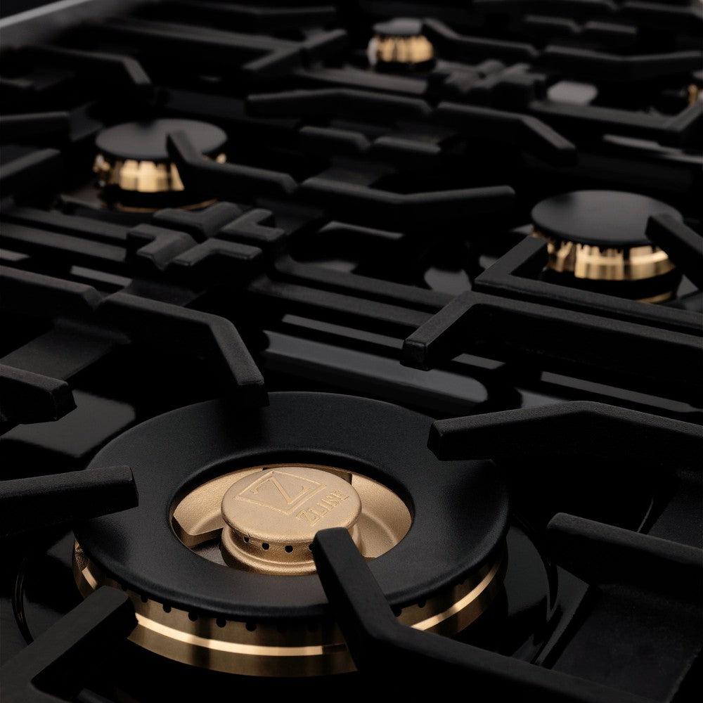 ZLINE Autograph Edition 36" Porcelain Rangetop with 6 Gas Burners in Black Stainless Steel and Polished Gold Accents (RTBZ-36-G)