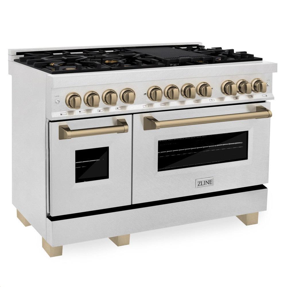 ZLINE Autograph Edition 48" 6.0 cu. ft. Dual Fuel Range with Gas Stove and Electric Oven in DuraSnow Stainless Steel with Champagne Bronze Accents (RASZ-SN-48-CB)