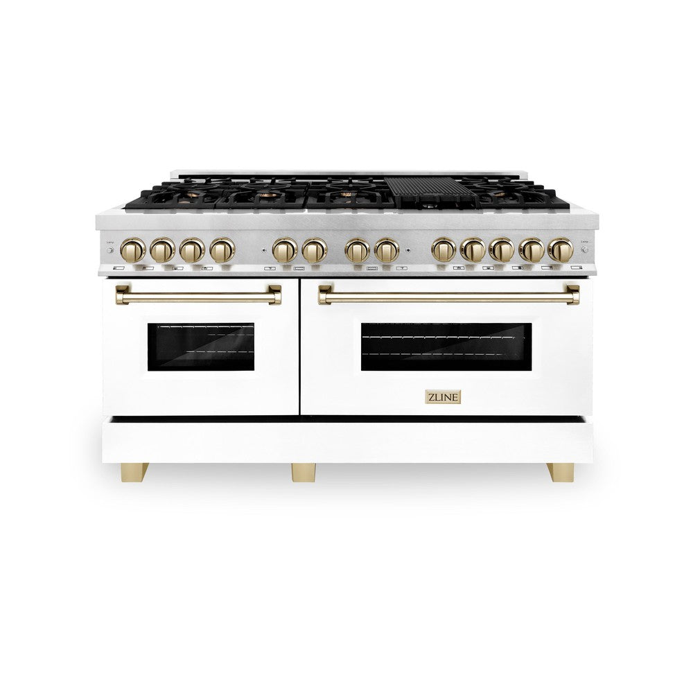 ZLINE Autograph Edition 60" 7.4 cu. ft. Dual Fuel Range with Gas Stove and Electric Oven in Fingerprint Resistant Stainless Steel with White Matte Door and Polished Gold Accents (RASZ-WM-60-G)