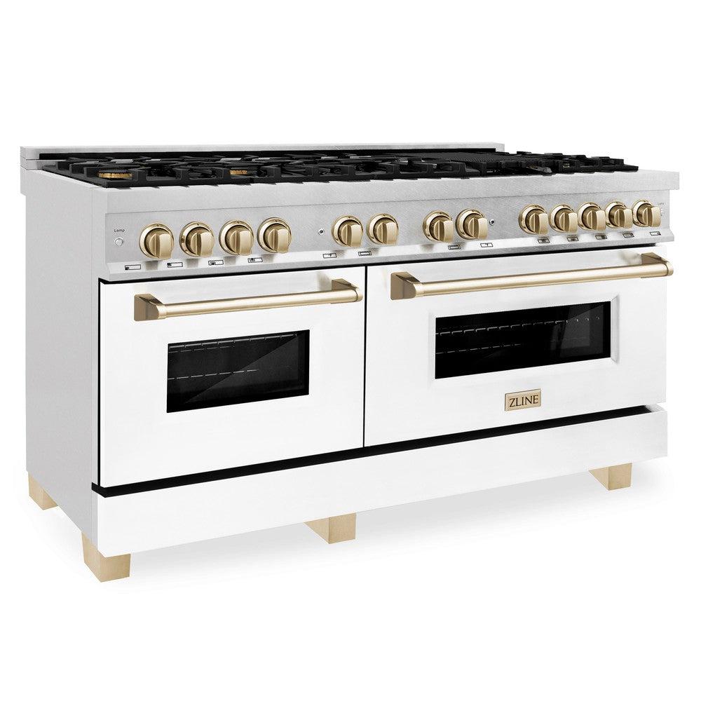 ZLINE Autograph Edition 60" 7.4 cu. ft. Dual Fuel Range with Gas Stove and Electric Oven in Fingerprint Resistant Stainless Steel with White Matte Door and Polished Gold Accents (RASZ-WM-60-G)