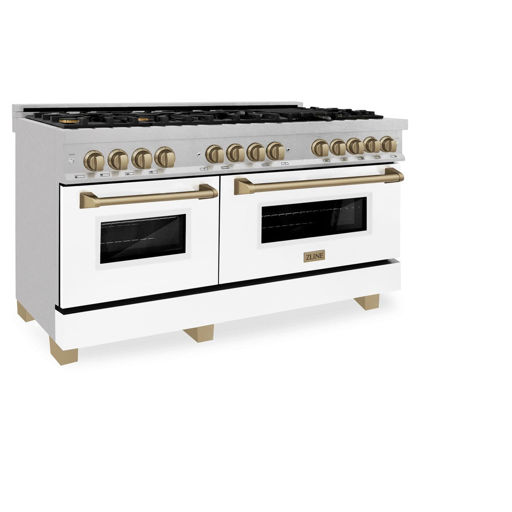ZLINE Autograph Edition 60" 7.4 cu. ft. Dual Fuel Range with Gas Stove and Electric Oven in Fingerprint Resistant Stainless Steel with White Matte Door and Champagne Bronze Accents (RASZ-WM-60-CB)