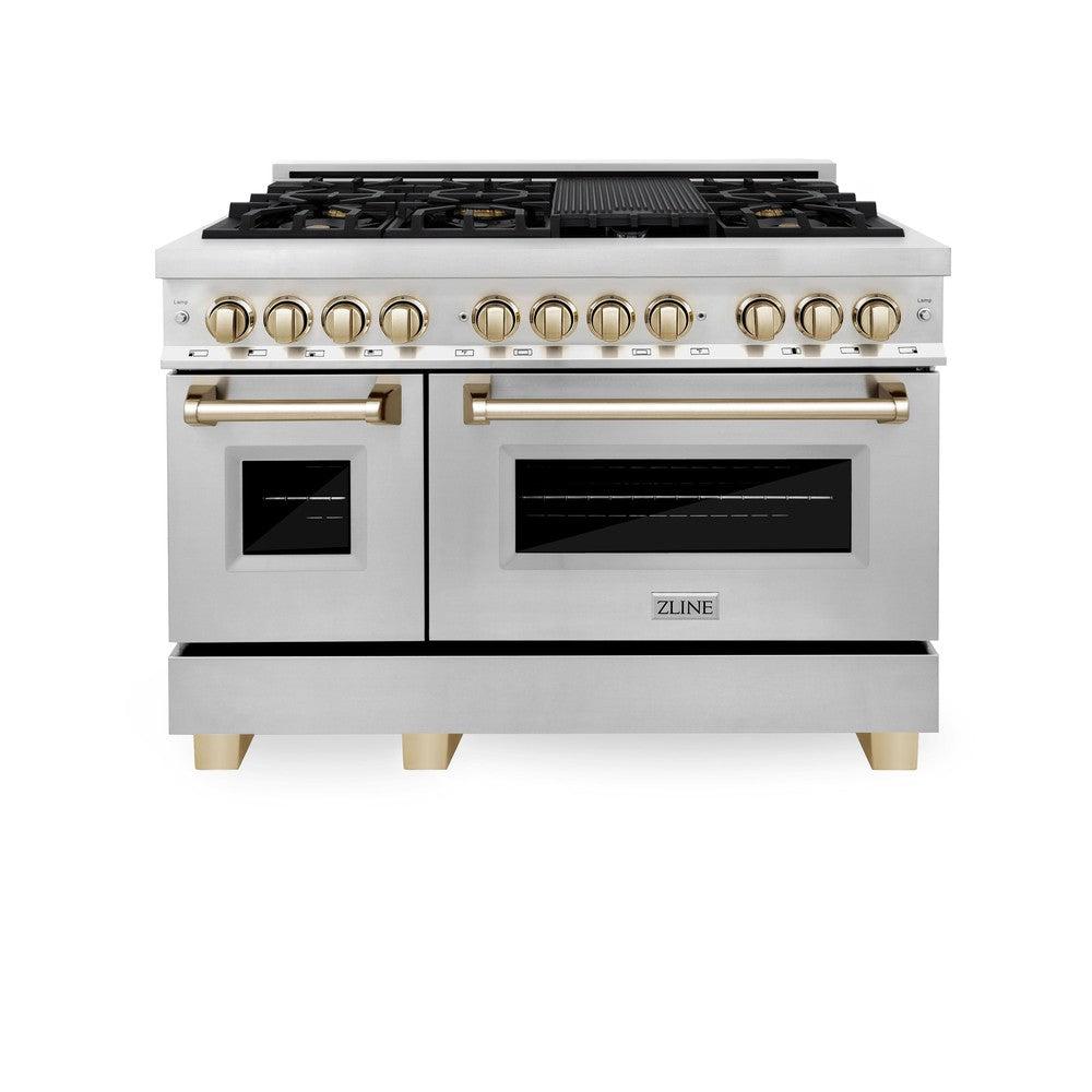ZLINE Autograph Edition 48" 6.0 cu. ft. Dual Fuel Range with Gas Stove and Electric Oven in Stainless Steel with Polished Gold Accents (RAZ-48-G)