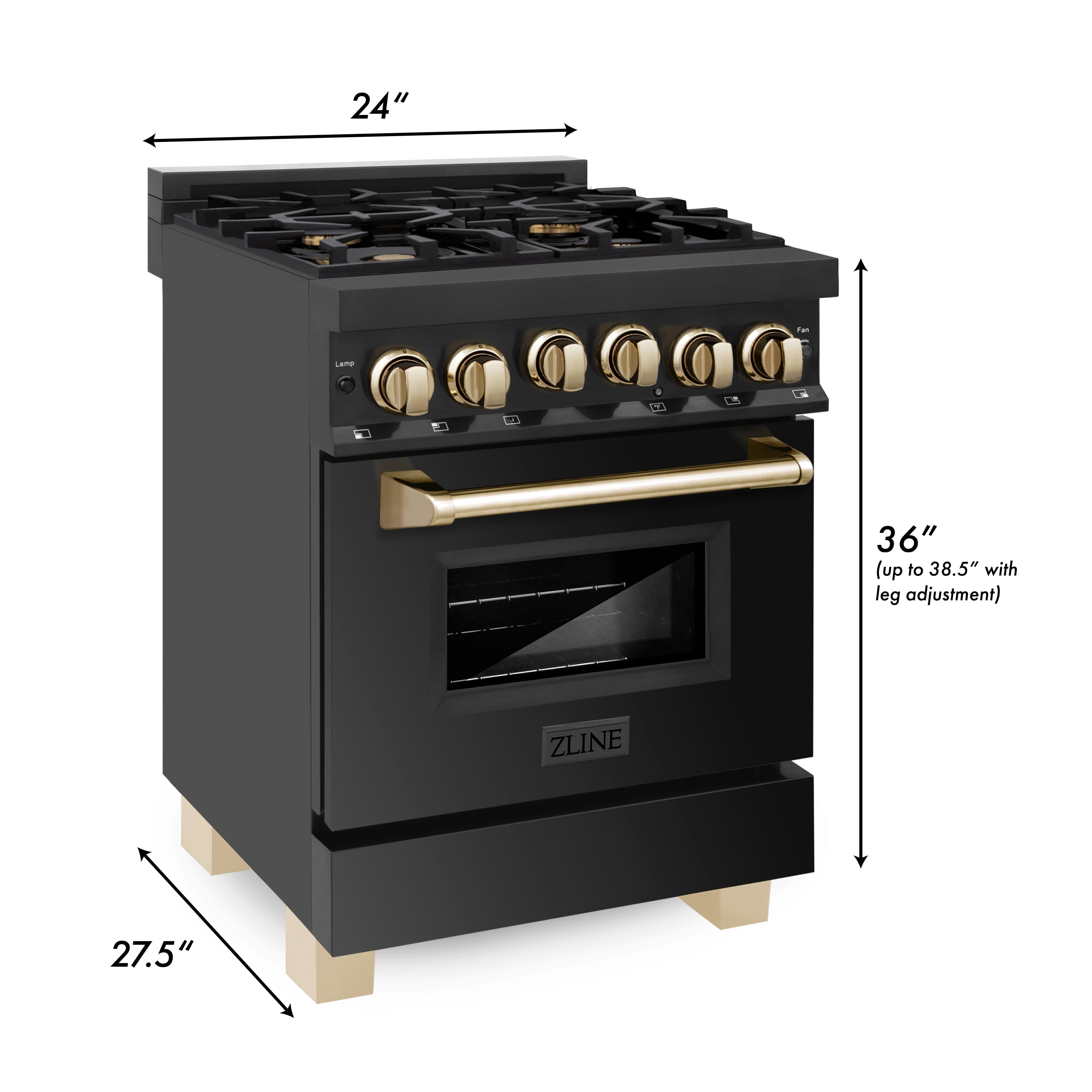 ZLINE Autograph Edition 24" 2.8 cu. ft. Range with Gas Stove and Gas Oven in Black Stainless Steel with Polished Gold Accents (RGBZ-24-G)