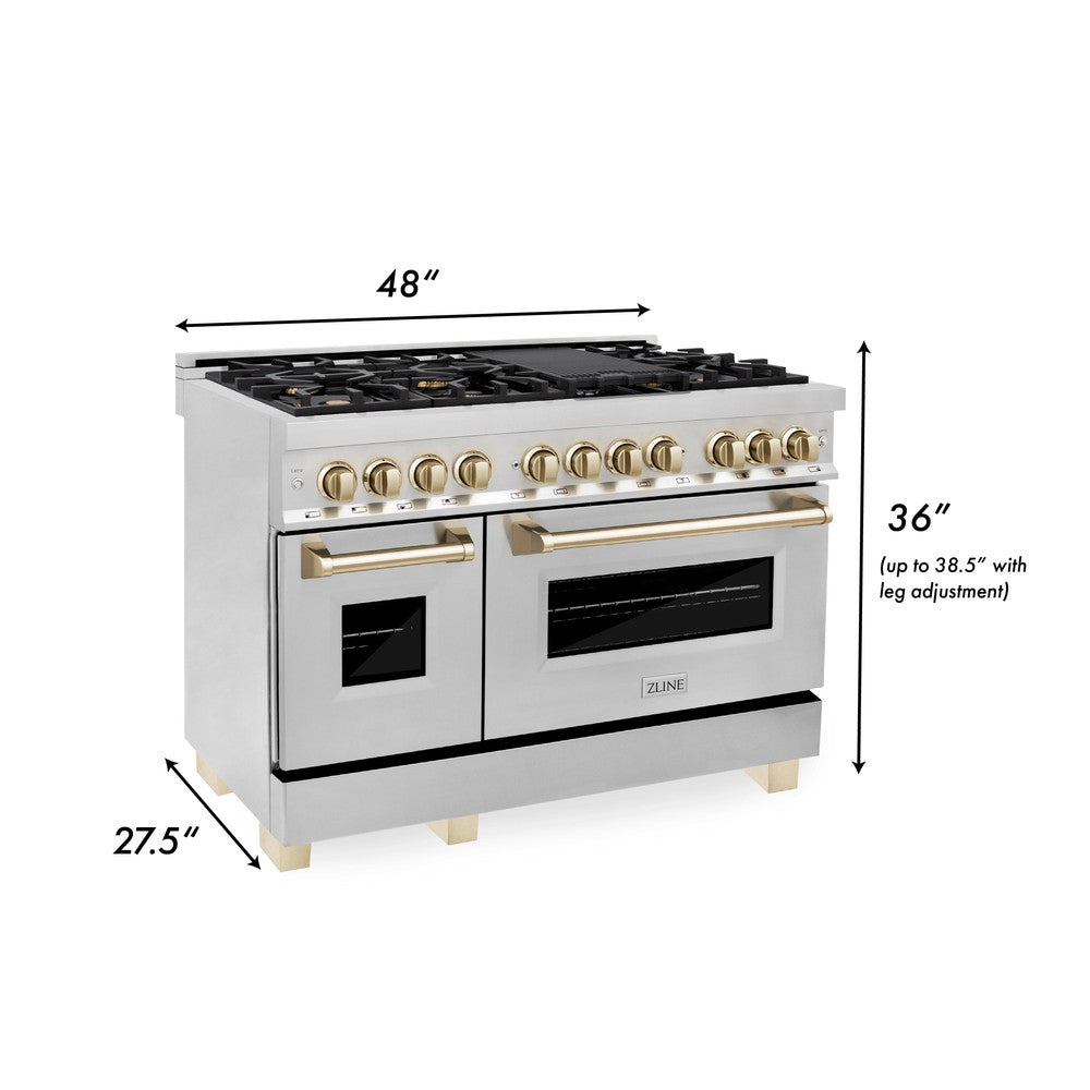 ZLINE Autograph Edition 48" 6.0 cu. ft. Dual Fuel Range with Gas Stove and Electric Oven in Stainless Steel with Polished Gold Accents (RAZ-48-G)