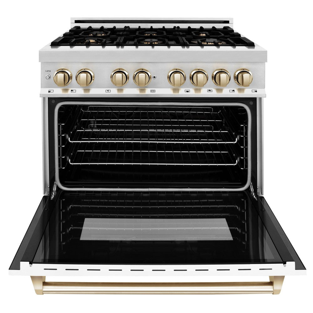 ZLINE Autograph Edition 36" 4.6 cu. ft. Dual Fuel Range with Gas Stove and Electric Oven in Stainless Steel with White Matte Door and Polished Gold Accents (RAZ-WM-36-G)