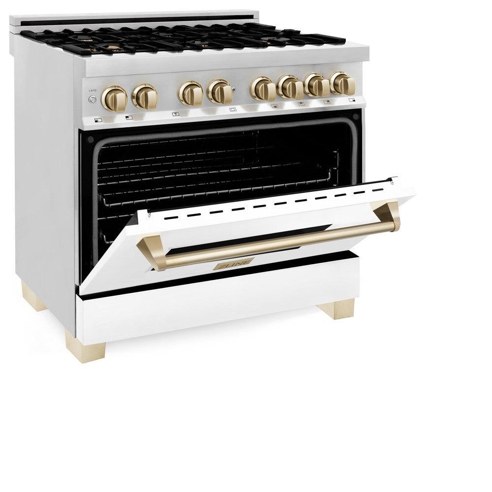 ZLINE Autograph Edition 36" 4.6 cu. ft. Dual Fuel Range with Gas Stove and Electric Oven in Stainless Steel with White Matte Door and Polished Gold Accents (RAZ-WM-36-G)
