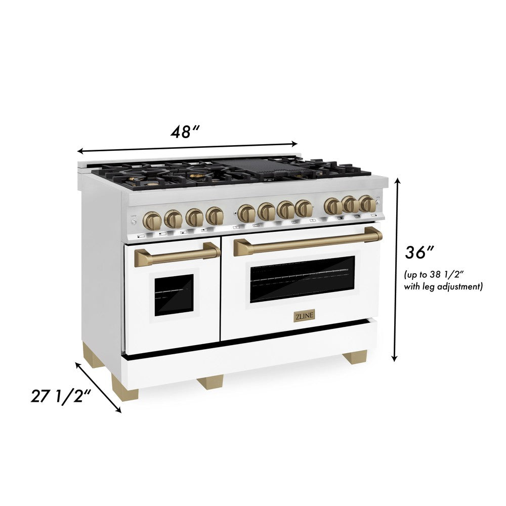 ZLINE Autograph Edition 48" 6.0 cu. ft. Dual Fuel Range with Gas Stove and Electric Oven in Stainless Steel with White Matte Door and Champagne Bronze Accents (RAZ-WM-48-CB)