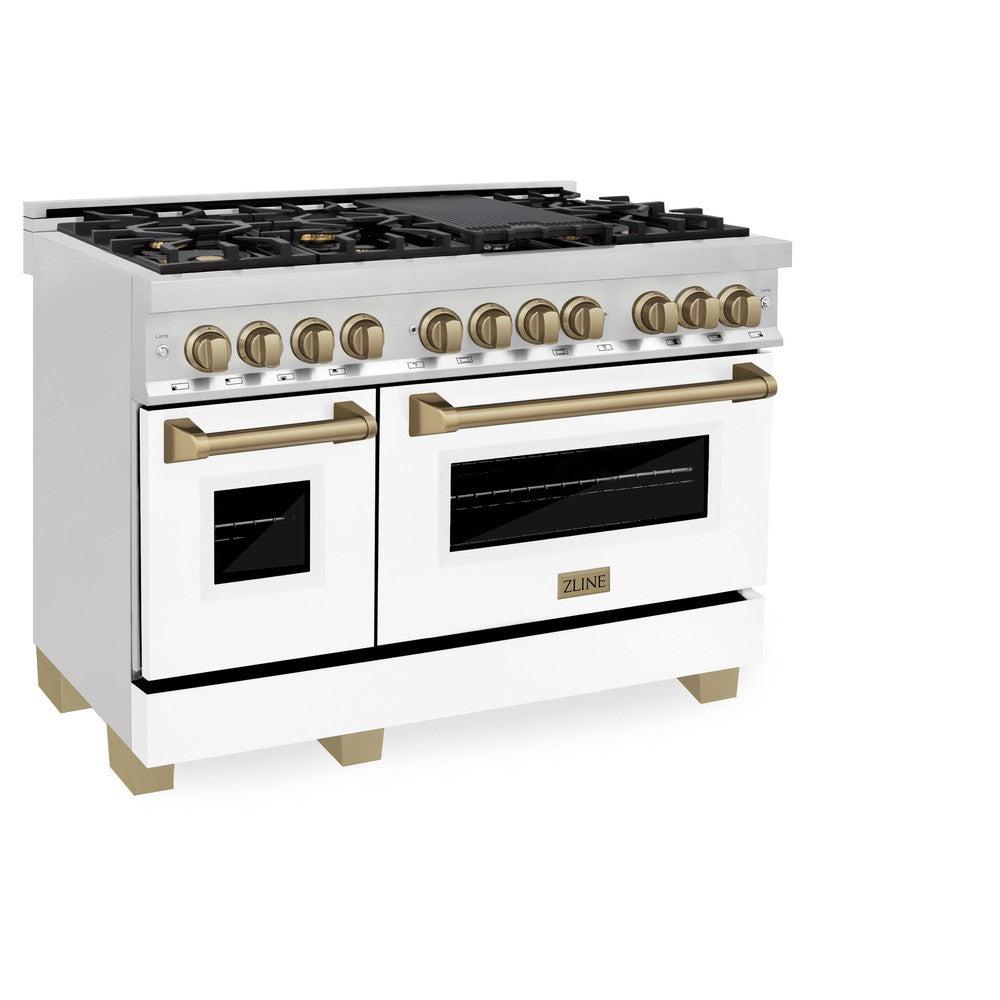 ZLINE Autograph Edition 48" 6.0 cu. ft. Dual Fuel Range with Gas Stove and Electric Oven in Stainless Steel with White Matte Door and Champagne Bronze Accents (RAZ-WM-48-CB)