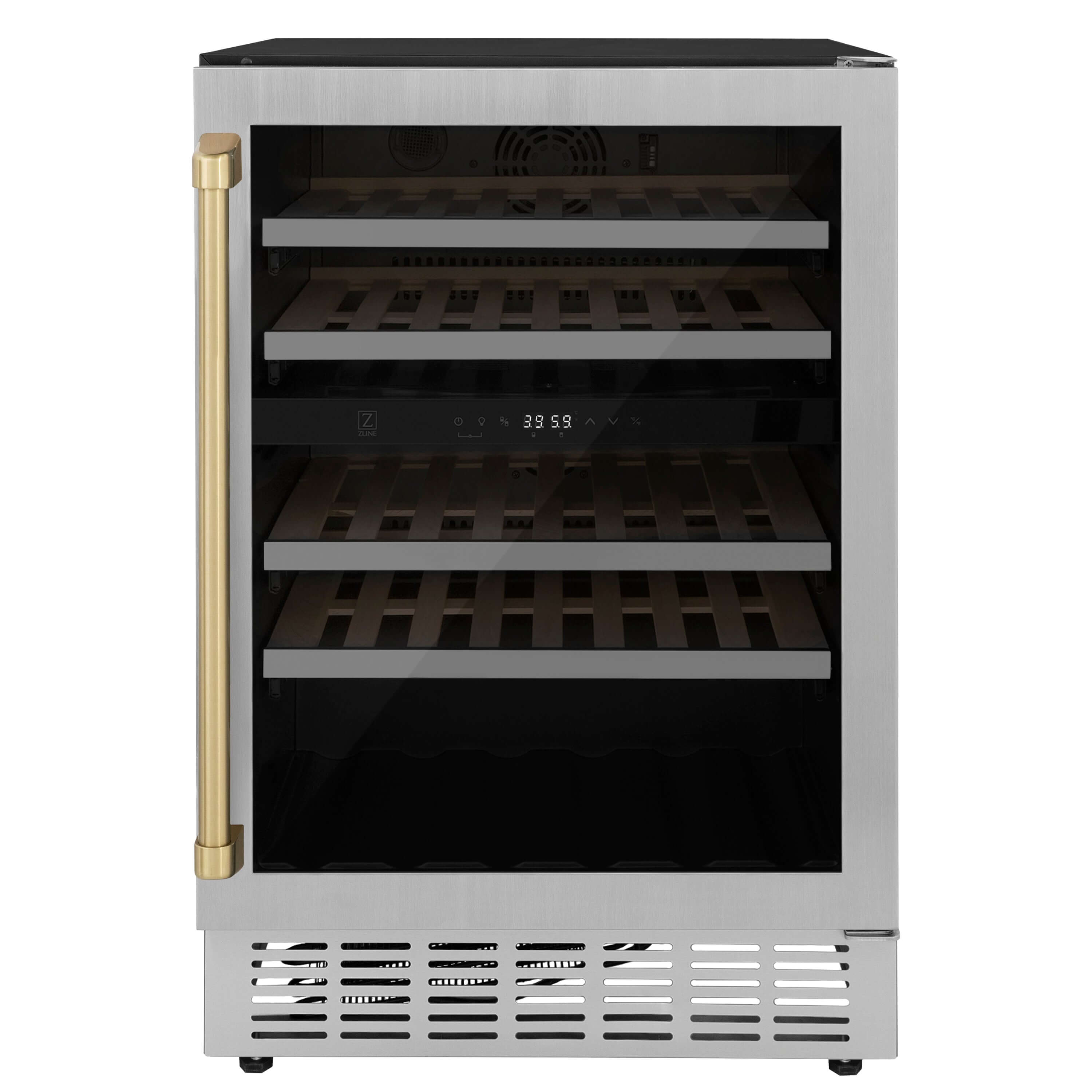 ZLINE 24" Monument Autograph Edition Dual Zone 44-Bottle Wine Cooler in Stainless Steel with Champagne Bronze Accents (RWVZ-UD-24-CB)