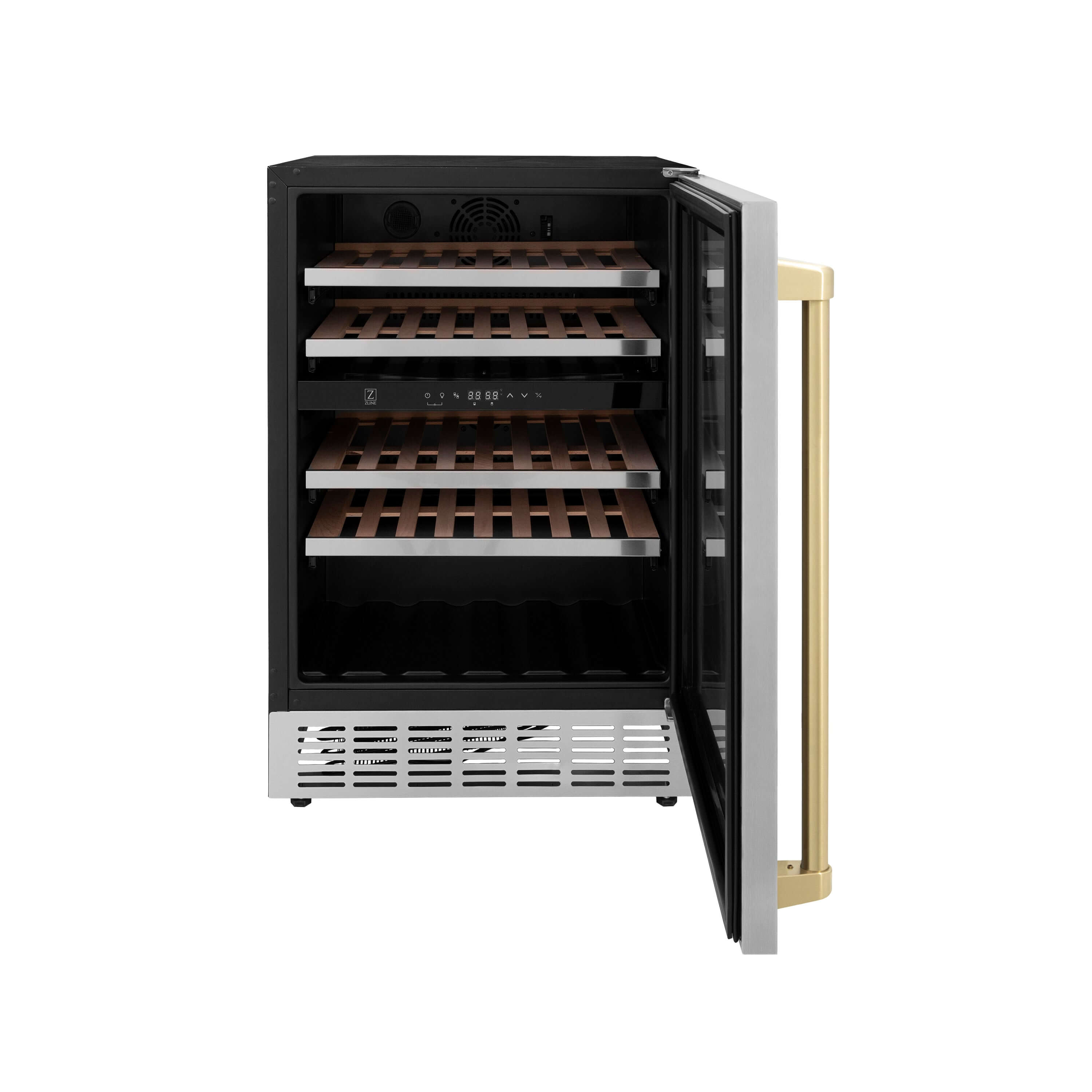 ZLINE 24" Monument Autograph Edition Dual Zone 44-Bottle Wine Cooler in Stainless Steel with Champagne Bronze Accents (RWVZ-UD-24-CB)