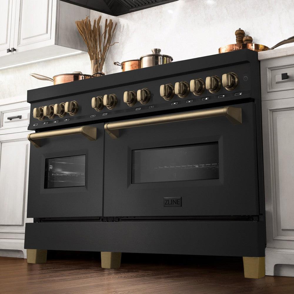 ZLINE Autograph Edition 60" 7.4 cu. ft. Dual Fuel Range with Gas Stove and Electric Oven in Black Stainless Steel with Champagne Bronze Accents (RABZ-60-CB)