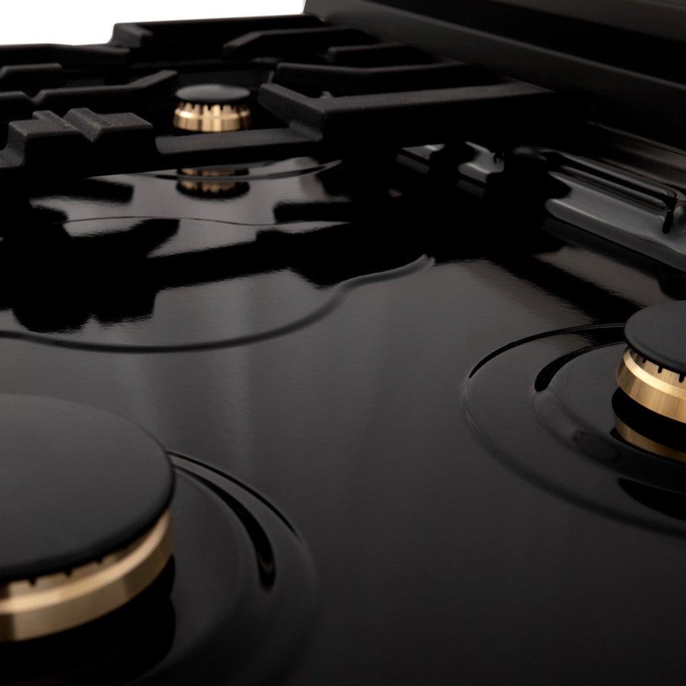 ZLINE Autograph Edition 30" Porcelain Rangetop with 4 Gas Burners in Black Stainless Steel and Polished Gold Accents (RTBZ-30-G)
