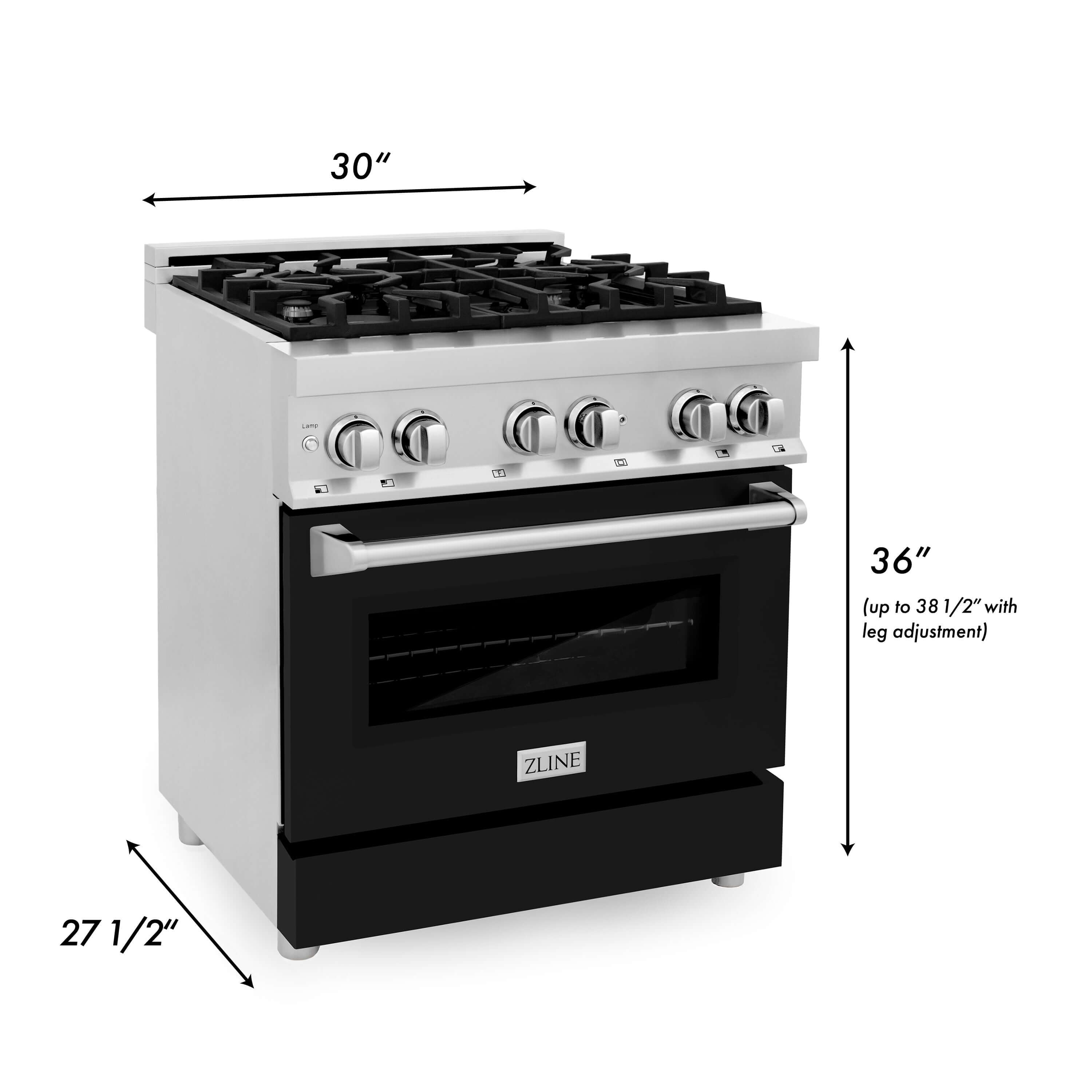 ZLINE 30" Kitchen Package with Stainless Steel Dual Fuel Range with Black Matte Door and Convertible Vent Range Hood (2KP-RABLMRH30)