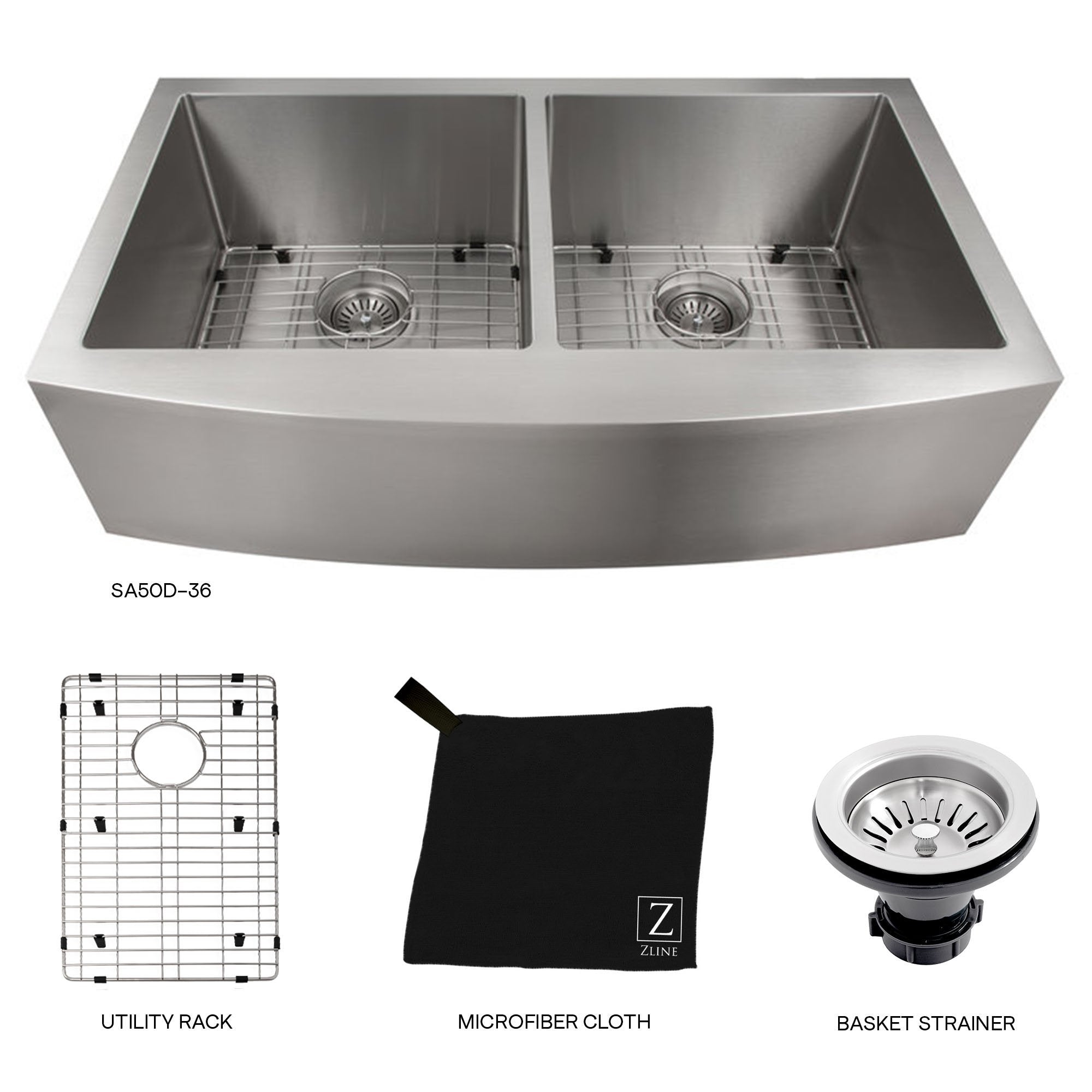 ZLINE 36" Niseko Farmhouse Apron Mount Double Bowl Kitchen Sink with Bottom Grid (SA50D-36S)