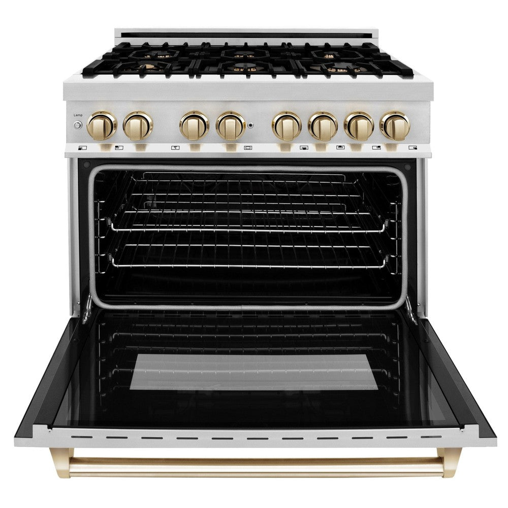 ZLINE Autograph Edition 36" 4.6 cu. ft. Dual Fuel Range with Gas Stove and Electric Oven in Stainless Steel with Polished Gold Accents (RAZ-36-G)