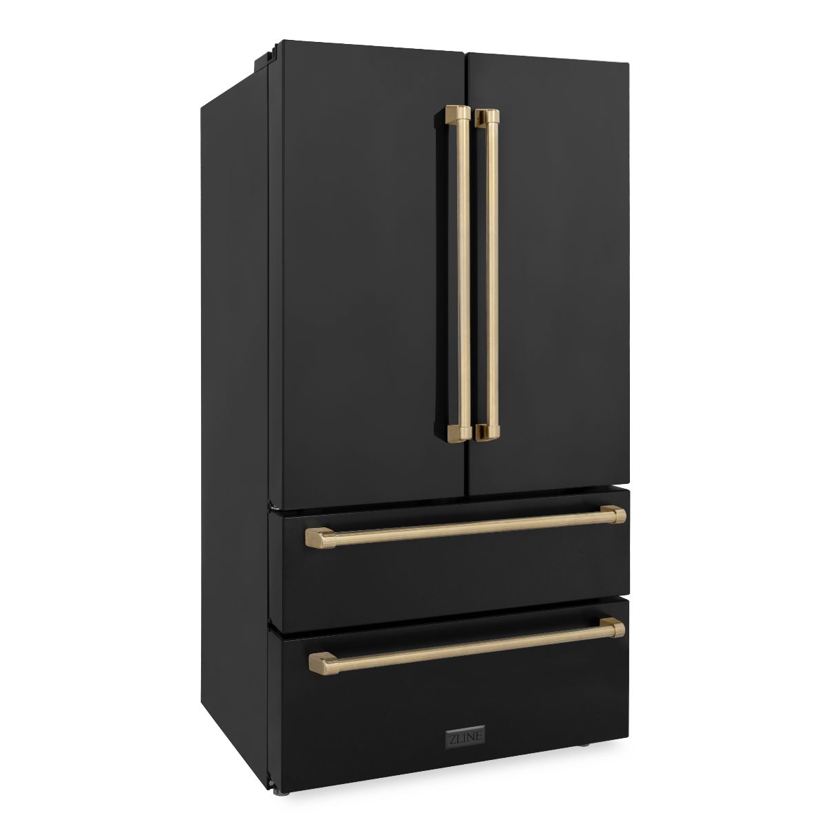 ZLINE 36" Autograph Edition 22.5 cu. ft 4-Door French Door Refrigerator with Ice Maker in Fingerprint Resistant Black Stainless Steel with Champagne Bronze Accents (RFMZ-36-BS-CB)