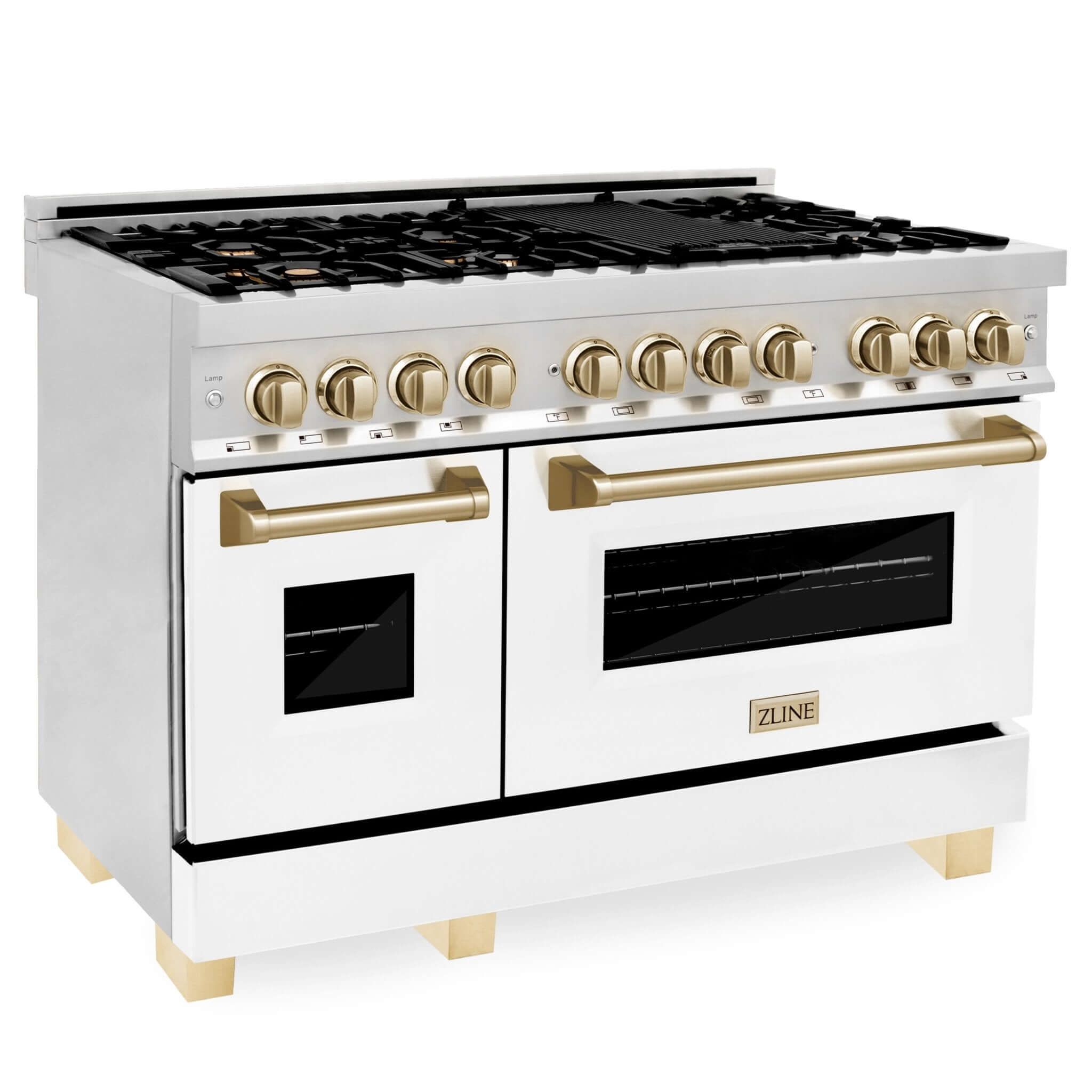 ZLINE Autograph Edition 48" 6.0 cu. ft. Dual Fuel Range with Gas Stove and Electric Oven in Stainless Steel with White Matte Door and Polished Gold Accents (RAZ-WM-48-G)
