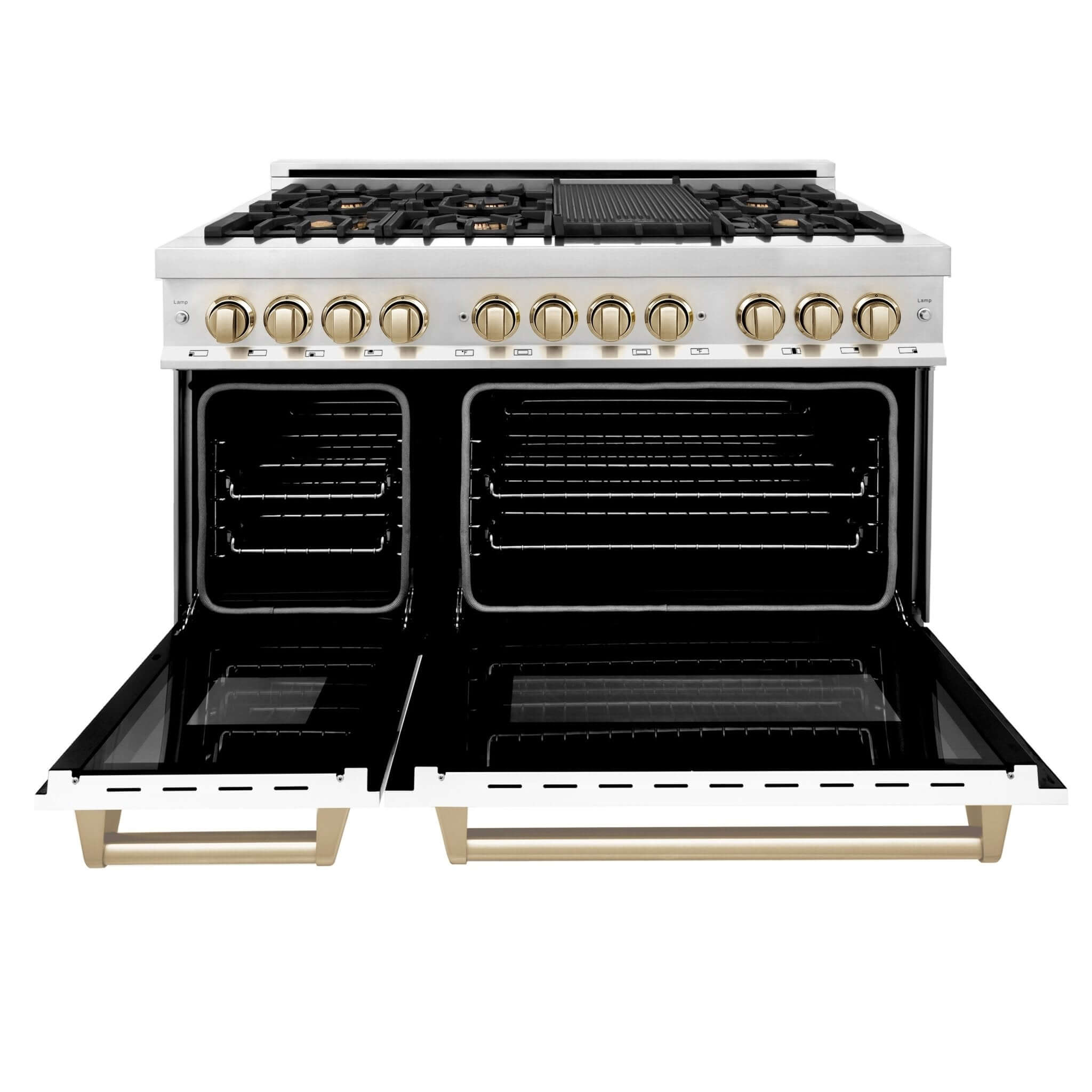 ZLINE Autograph Edition 48" 6.0 cu. ft. Dual Fuel Range with Gas Stove and Electric Oven in Stainless Steel with White Matte Door and Polished Gold Accents (RAZ-WM-48-G)