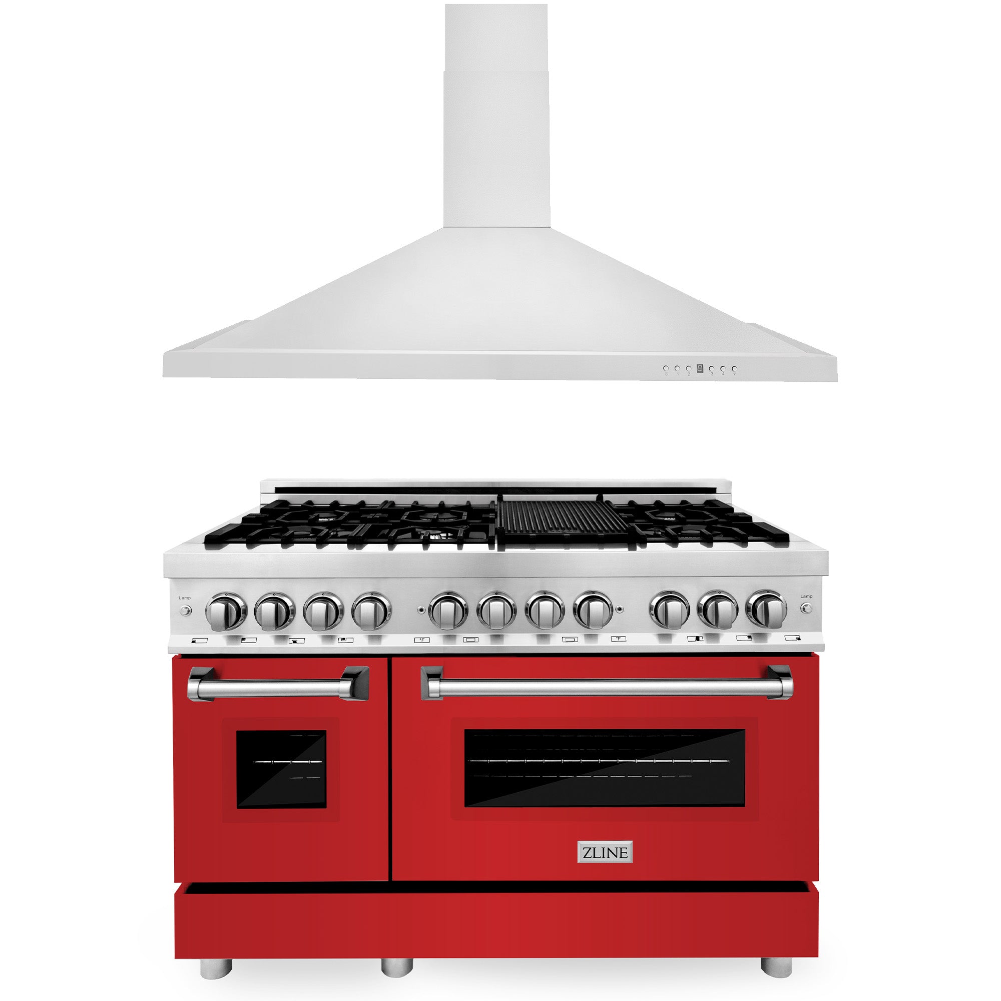 ZLINE 48" Kitchen Package with DuraSnow Stainless Steel Dual Fuel Range with Red Matte Door and Convertible Vent Range Hood (2KP-RARMRH48)