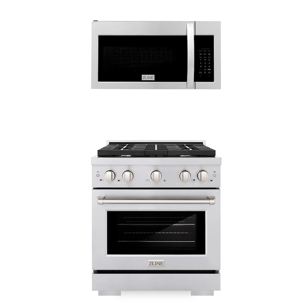 ZLINE 30" Kitchen Package Stainless Steel Gas Range and Over The Range Microwave with Modern Handle (2KP-SGROTR30)